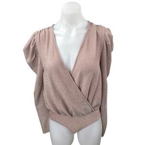 The Sang Pink Metallic Long Puff Sleeve V Neck Faux Wrap Bodysuit Top Size S